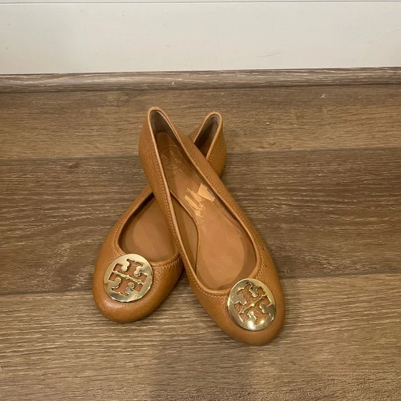 Tory Burch Tumbled Leather Reva Ballet Flats Royal Tan/Gold Size 8 - Picture 1 of 15